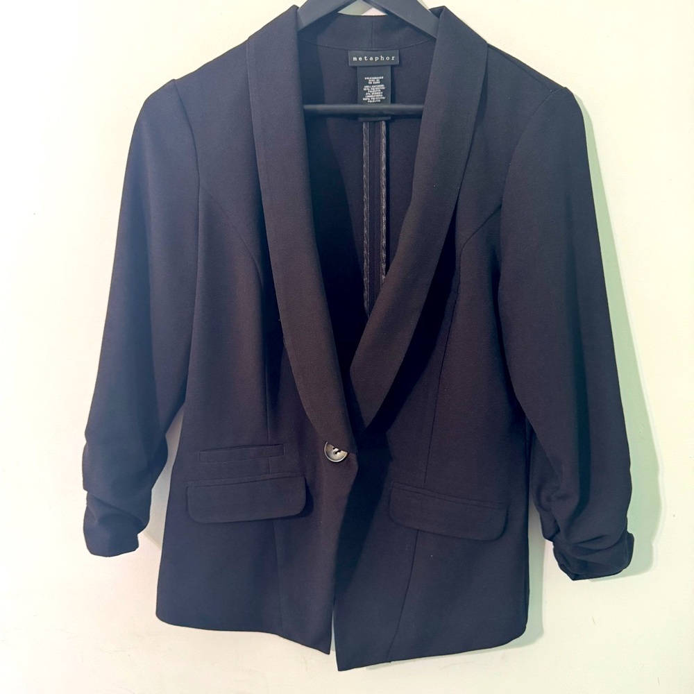 Metaphor Black Blazer suit Jacket 3/4 cinch sleeve single button closure medium